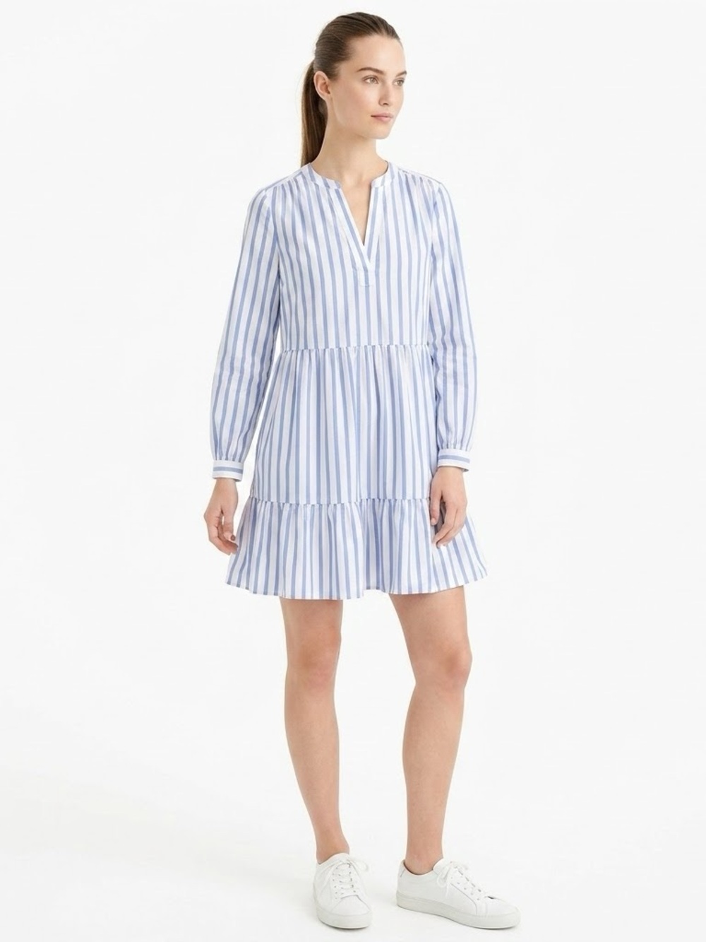 J. Crew Tiered Popover Poplin Mini Dress Blue Striped Size Small Cotton Nautical